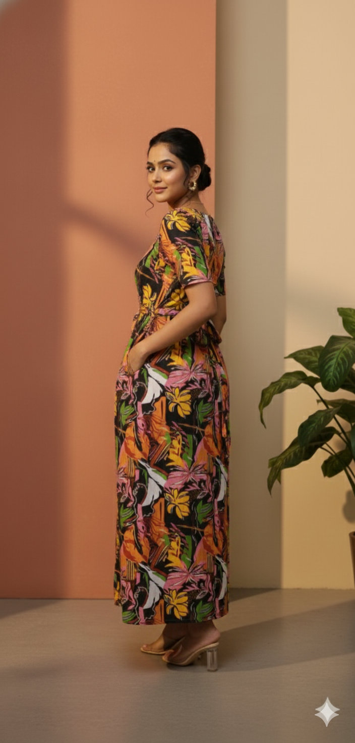 Zipless Feeding Maternity Gown Brown Multicolour - Puff sleeve 52 inches