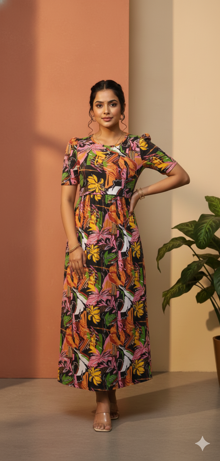 Zipless Feeding Maternity Gown Brown Multicolour - Puff sleeve 52 inches