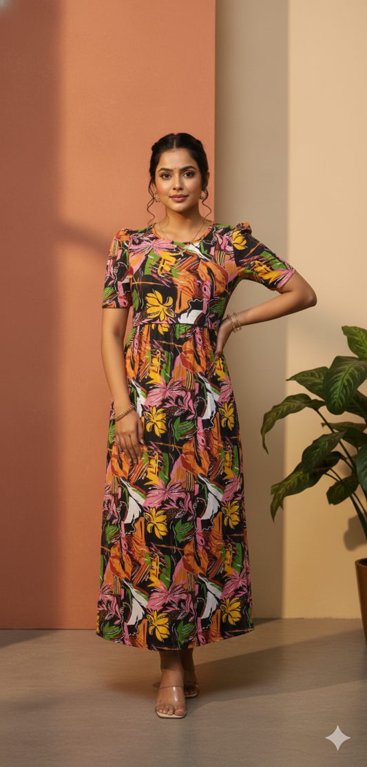 Zipless Feeding Maternity Gown Brown Multicolour - Puff sleeve 52 inches