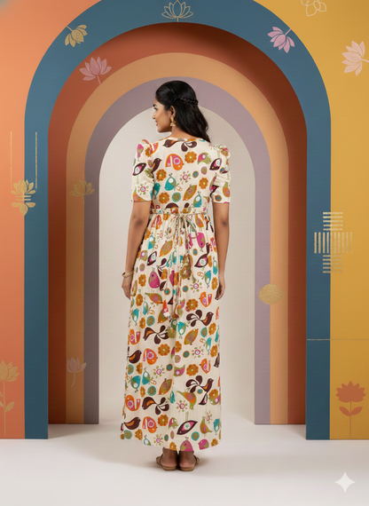 Zipless Feeding Maternity Gown Bird Sandal- Puff sleeve 52 inches