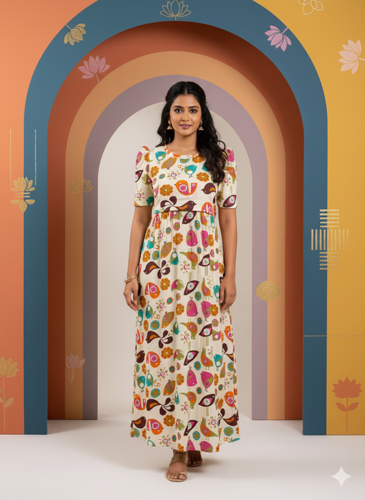 Zipless Feeding Maternity Gown Bird Sandal- Puff sleeve 52 inches