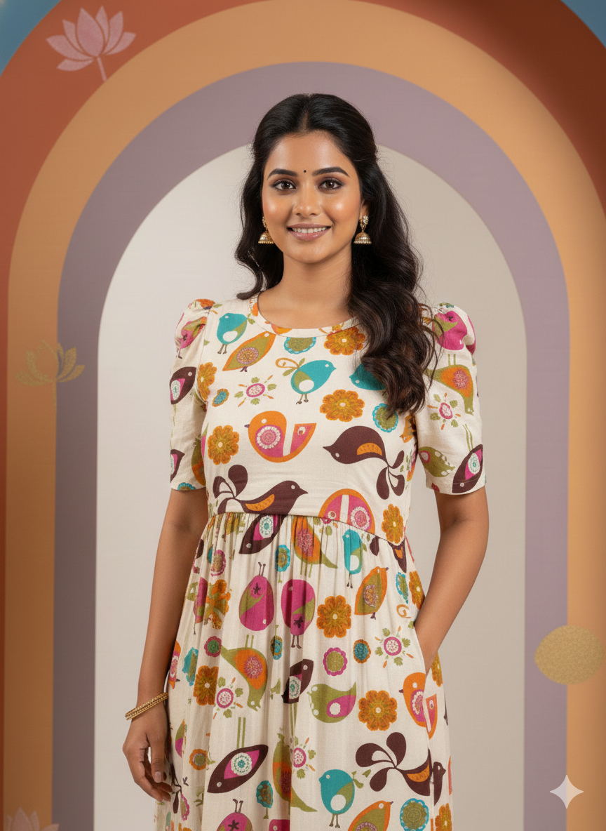 Zipless Feeding Maternity Gown Bird Sandal- Puff sleeve 52 inches