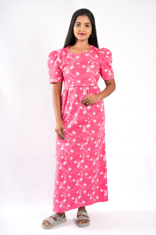 Zipless Feeding Maternity Butterfly Pink Gown - Puff sleeve 52 inches
