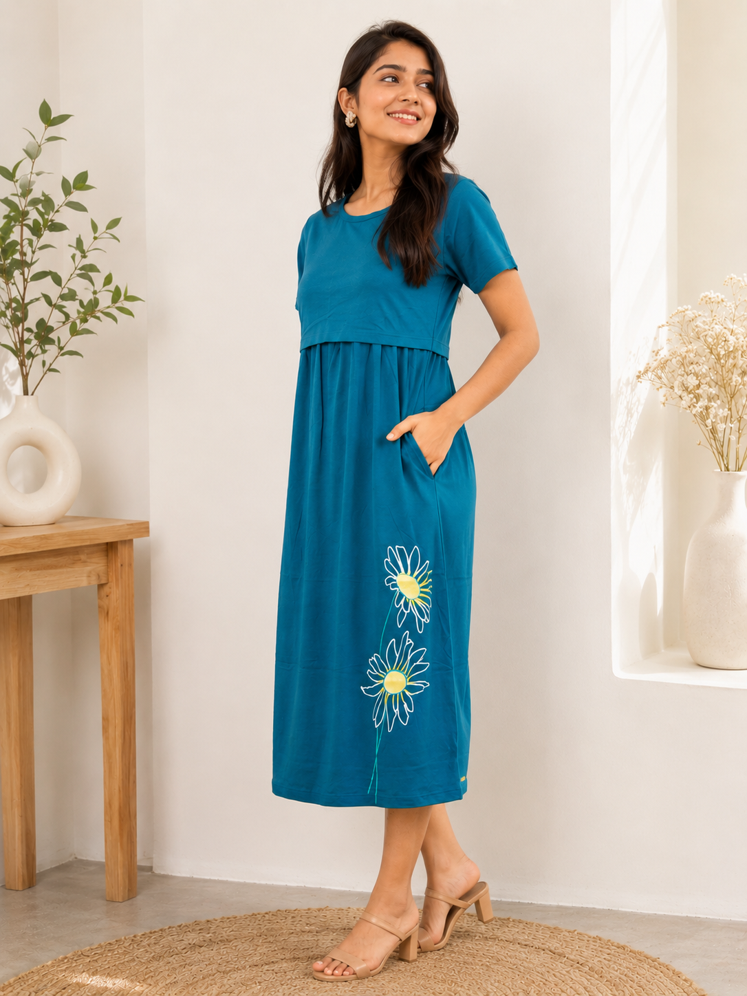 Capri Feeding Wear without Puff Sleeve Teal yellow Floral