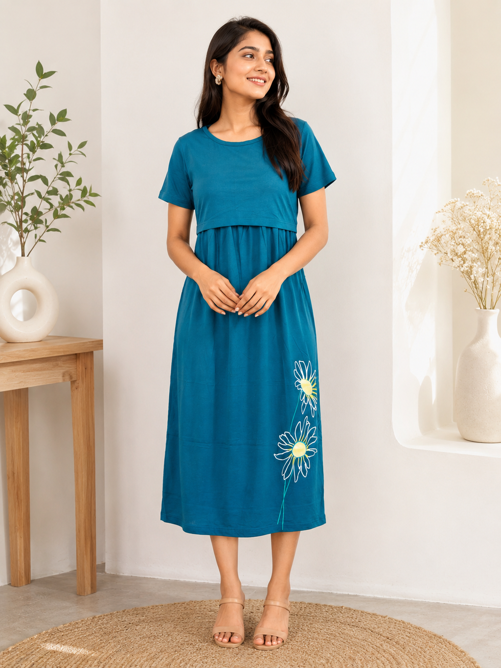 Capri Feeding Wear without Puff Sleeve Teal yellow Floral