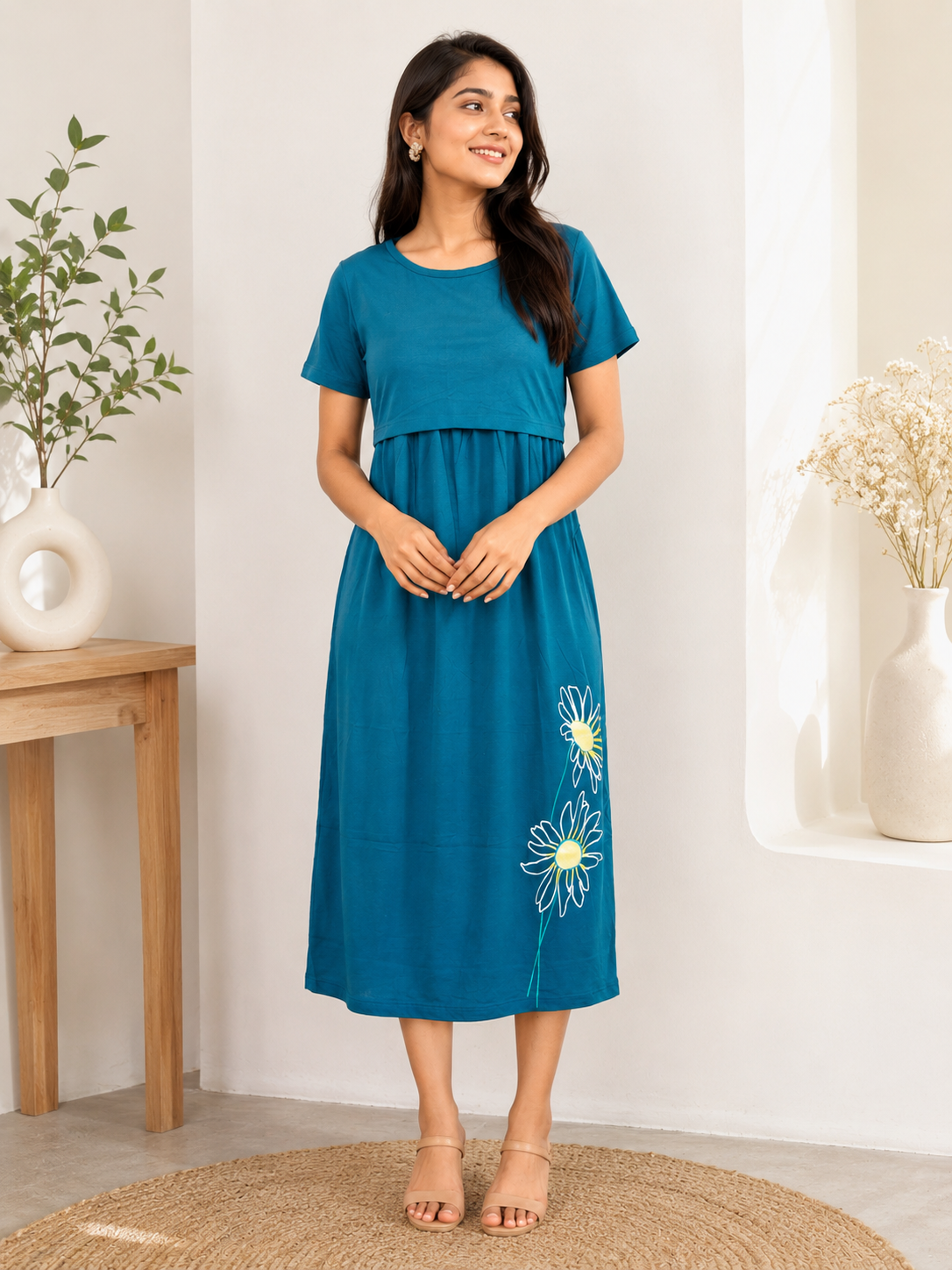 Capri Feeding Wear without Puff Sleeve Teal yellow Floral
