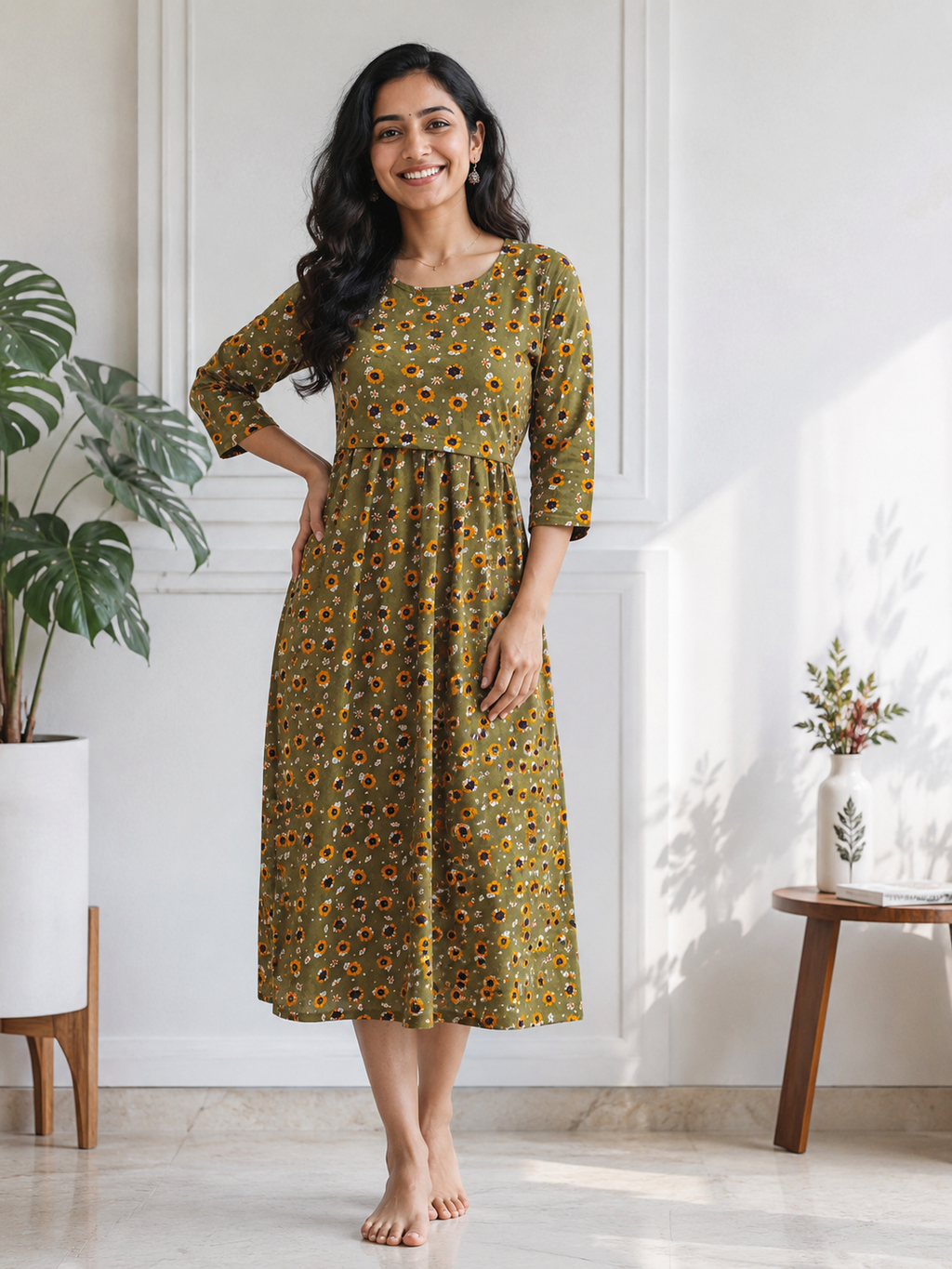 Green Sunflower Zipless Feeding Mid Sleeves capri Length