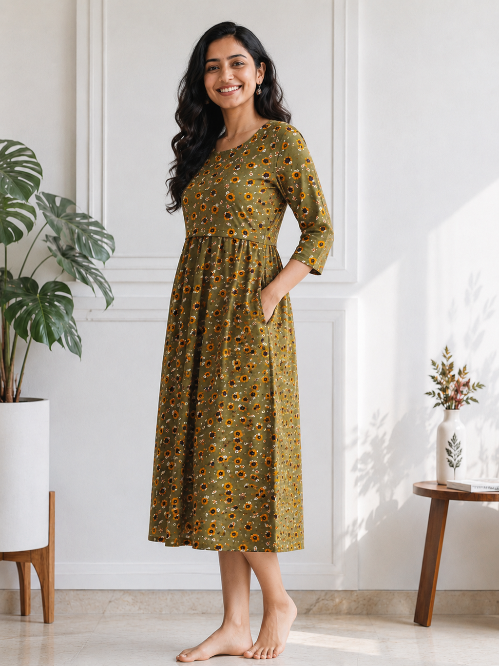 Green Sunflower Zipless Feeding Mid Sleeves capri Length