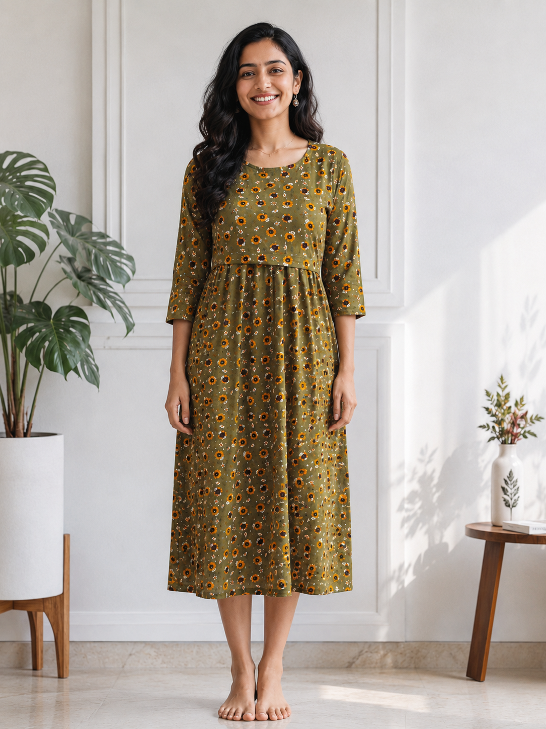 Green Sunflower Zipless Feeding Mid Sleeves capri Length