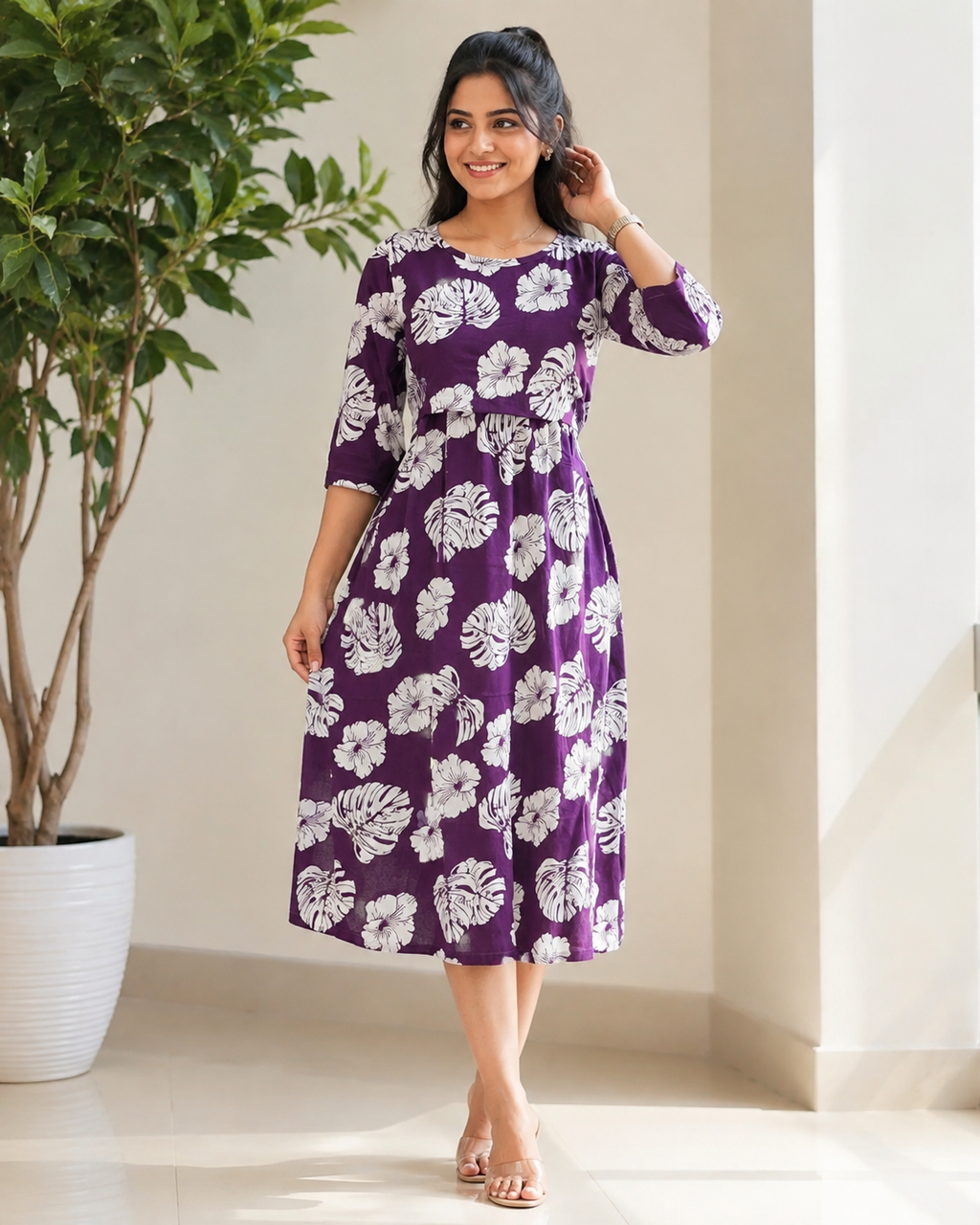 Purple White leaf Zipless Feeding Mid Sleeves capri Length