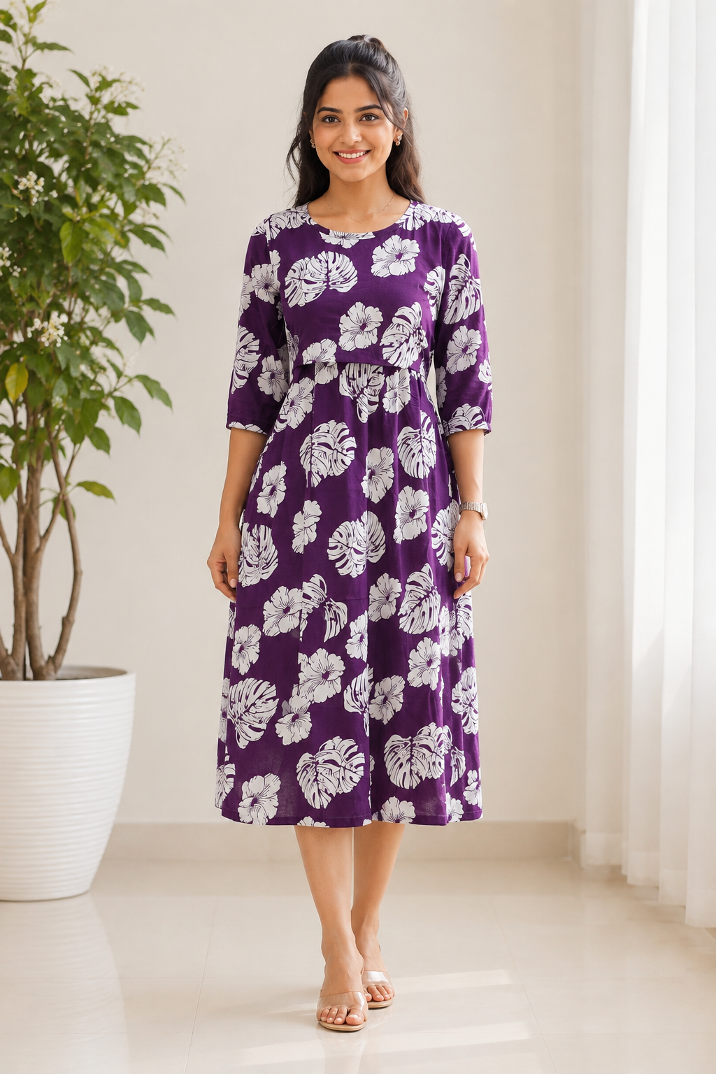 Purple White leaf Zipless Feeding Mid Sleeves capri Length