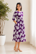 Purple White leaf Zipless Feeding Mid Sleeves capri Length