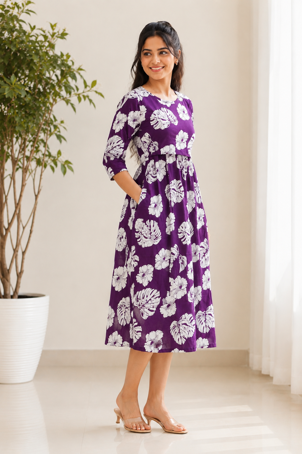Purple White leaf Zipless Feeding Mid Sleeves capri Length