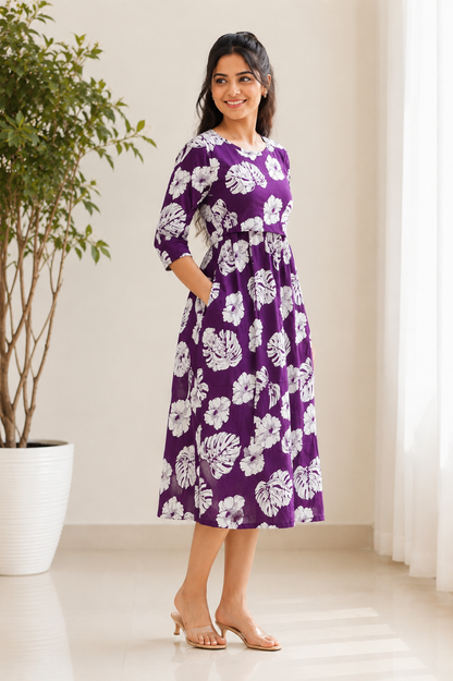 Purple White leaf Zipless Feeding Mid Sleeves capri Length