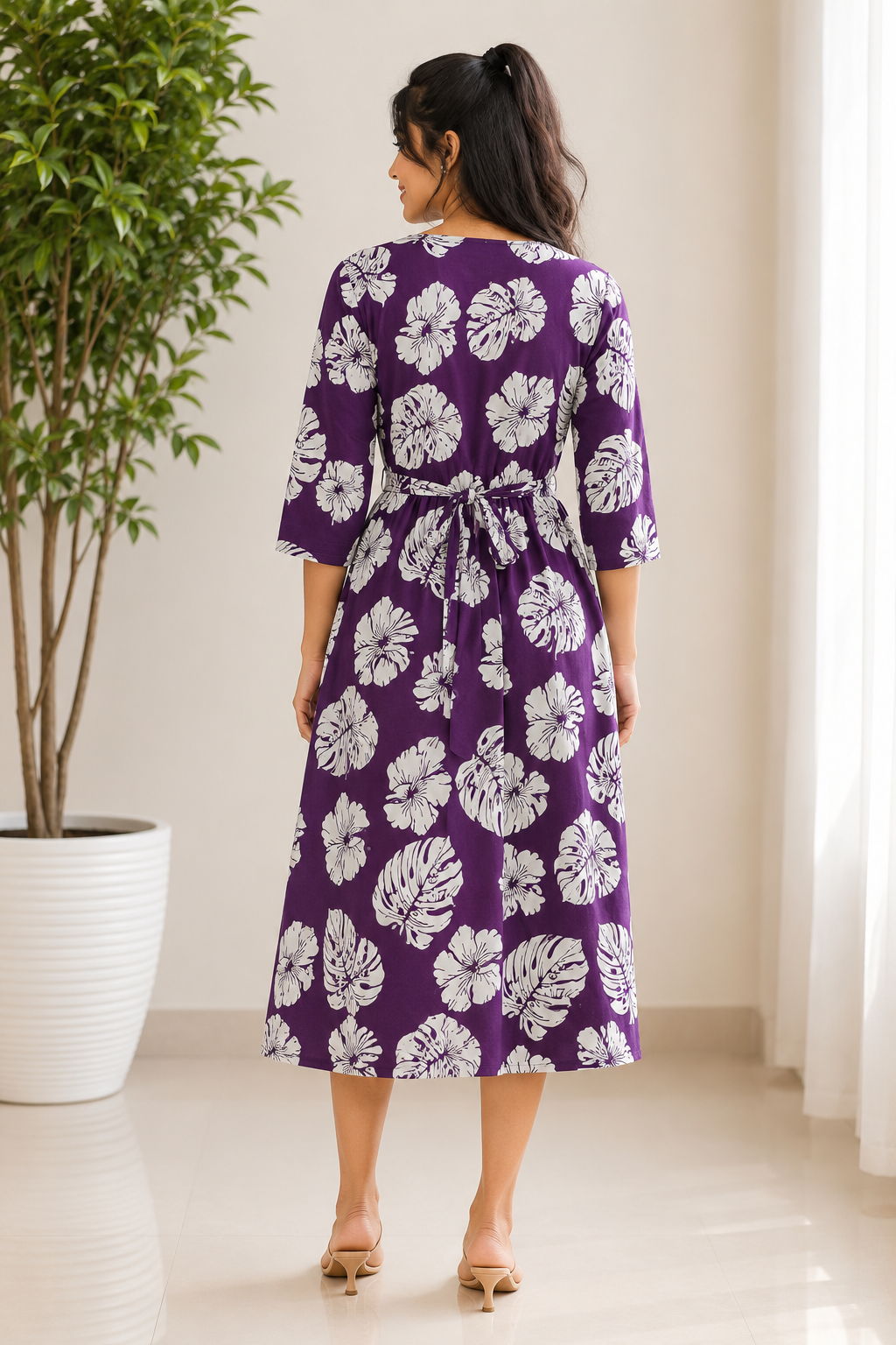 Purple White leaf Zipless Feeding Mid Sleeves capri Length