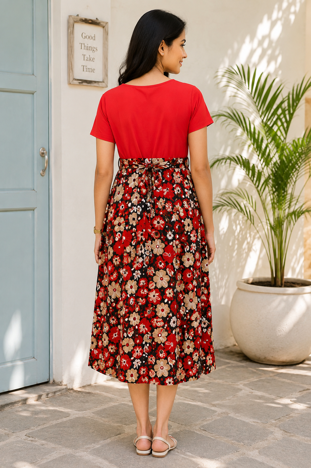 Capri Feeding Wear without Puff Sleeve Plain Red Blossom