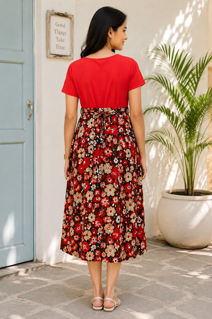 Capri Feeding Wear without Puff Sleeve Plain Red Blossom