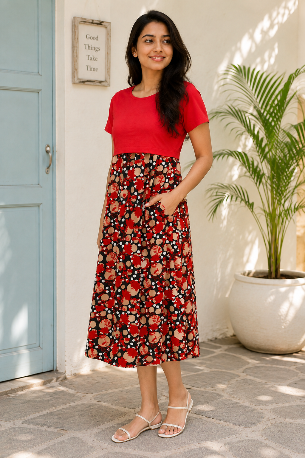 Capri Feeding Wear without Puff Sleeve Plain Red Blossom