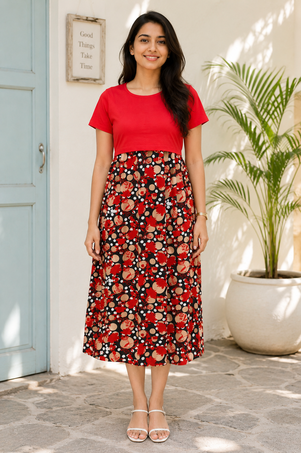 Capri Feeding Wear without Puff Sleeve Plain Red Blossom