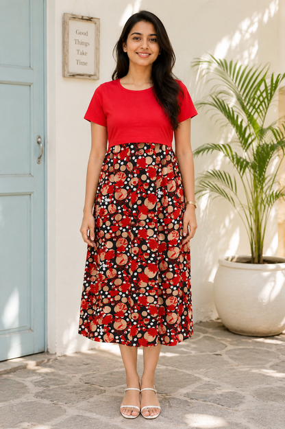 Capri Feeding Wear without Puff Sleeve Plain Red Blossom