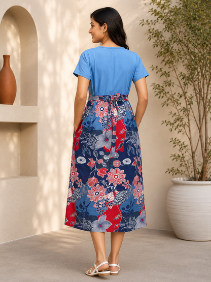 Capri Feeding Wear without Puff Sleeve Plain Blue Floral Mosaic