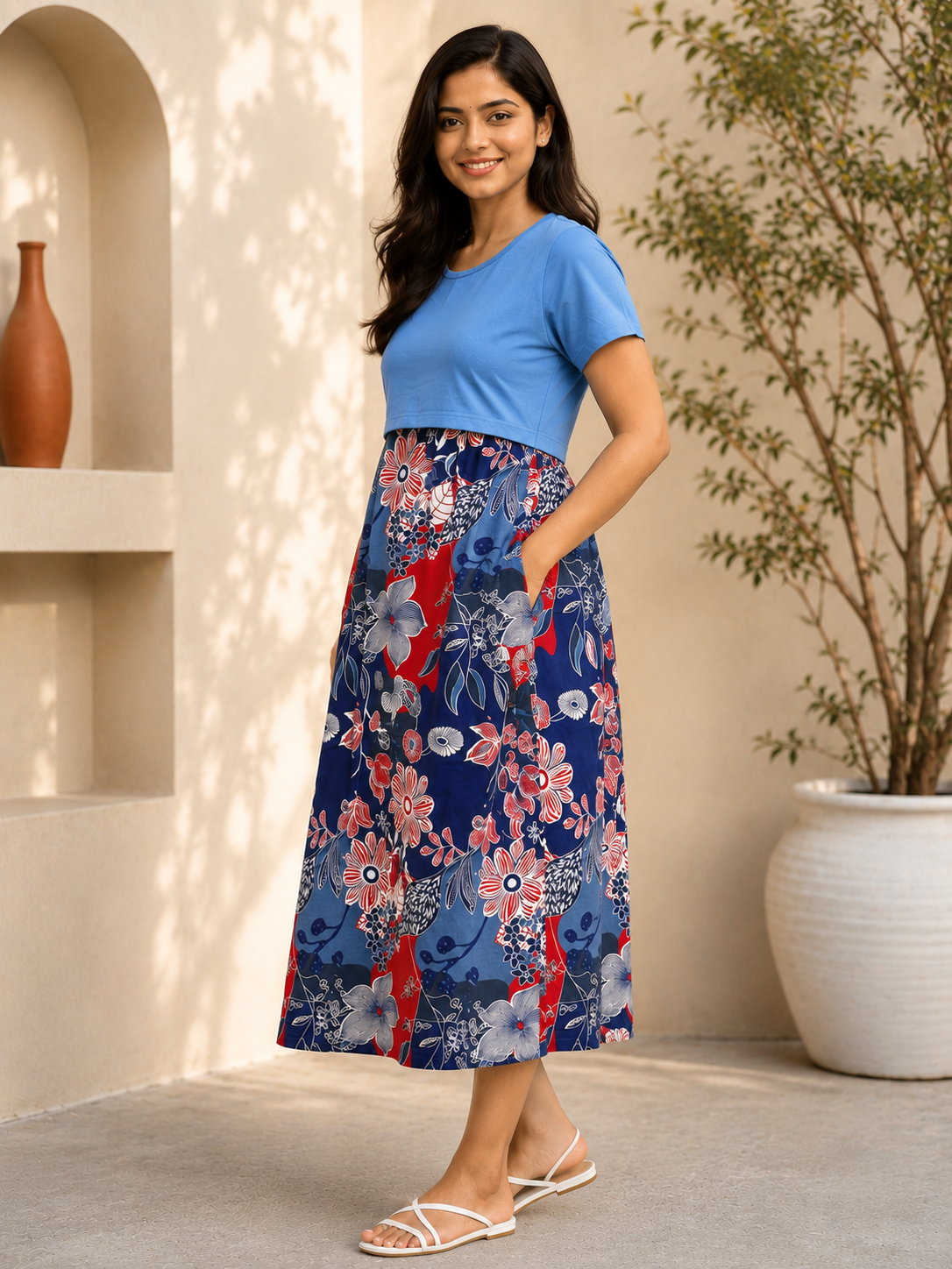 Capri Feeding Wear without Puff Sleeve Plain Blue Floral Mosaic