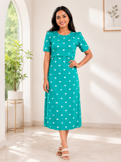 Capri Feeding Wear with Puff Sleeve Green Heart