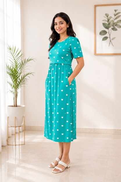 Capri Feeding Wear with Puff Sleeve Green Heart