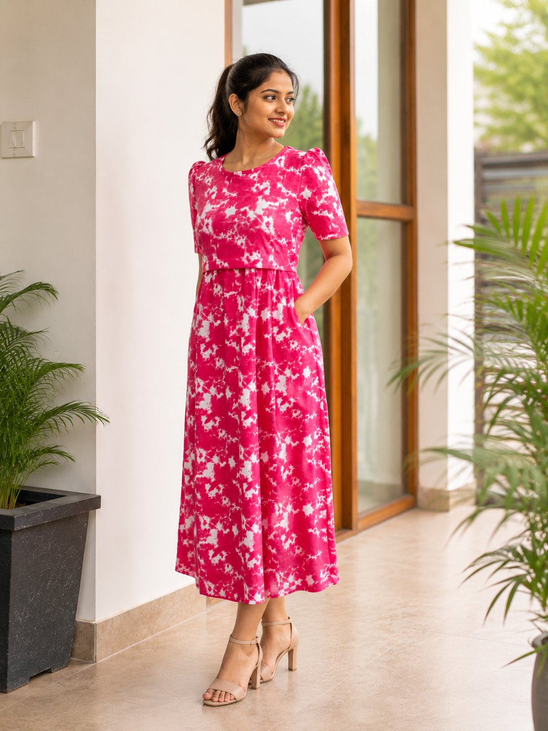 Capri Feeding Wear with Puff Sleeve Pink Dyed