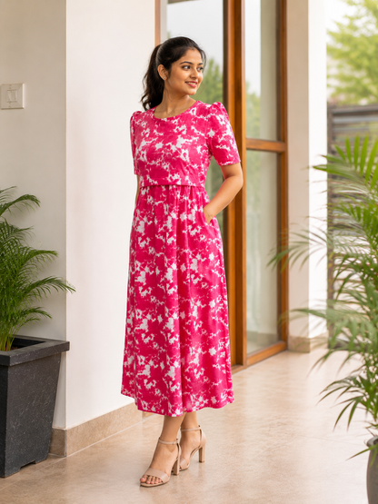 Capri Feeding Wear with Puff Sleeve Pink Dyed