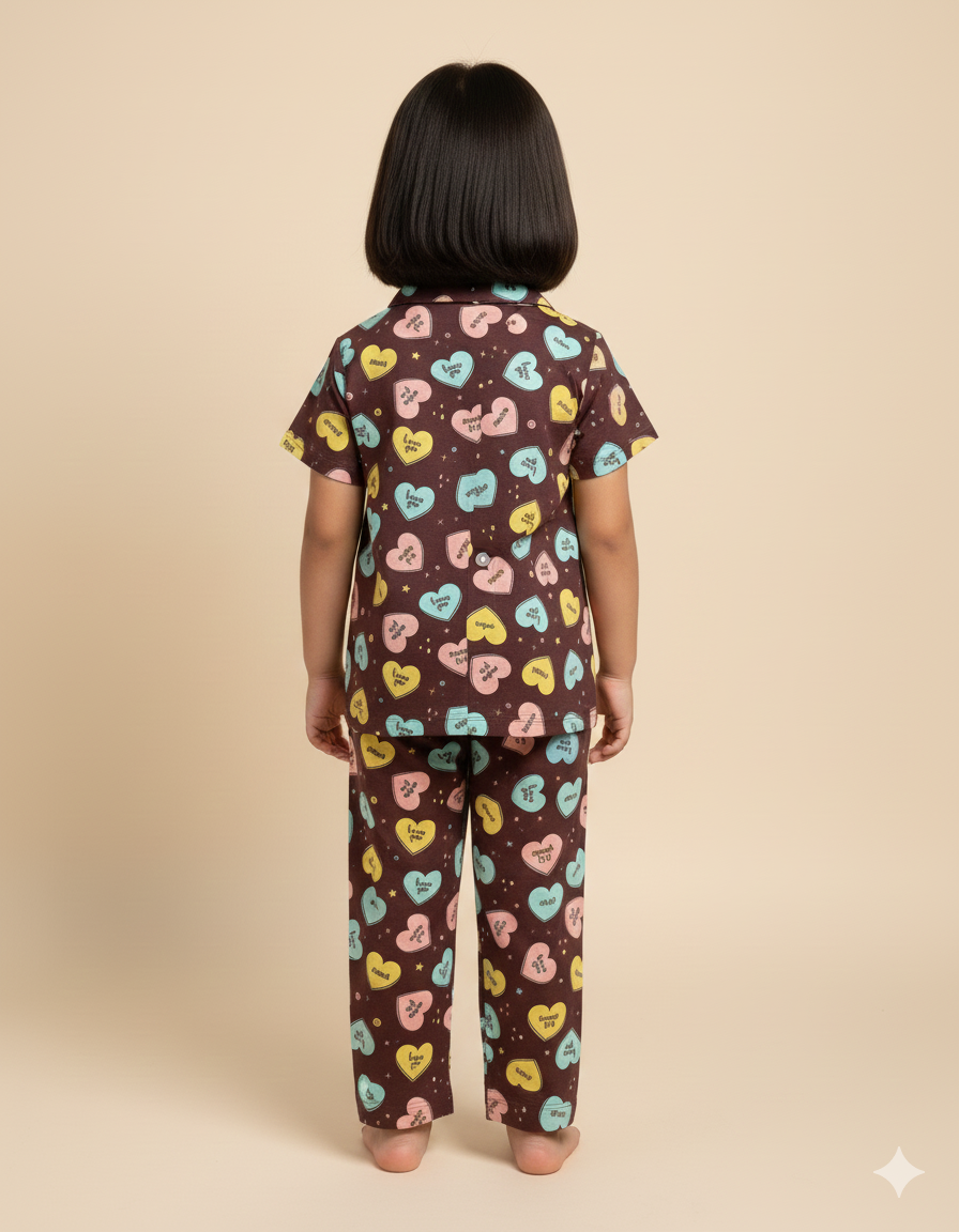 Kids All over printed night suit pack of 3 Pale red mickey, Choco heart & Green Tulip