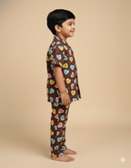 Kids All over printed night suit pack of 3 Pale red mickey, Choco heart & Green Tulip