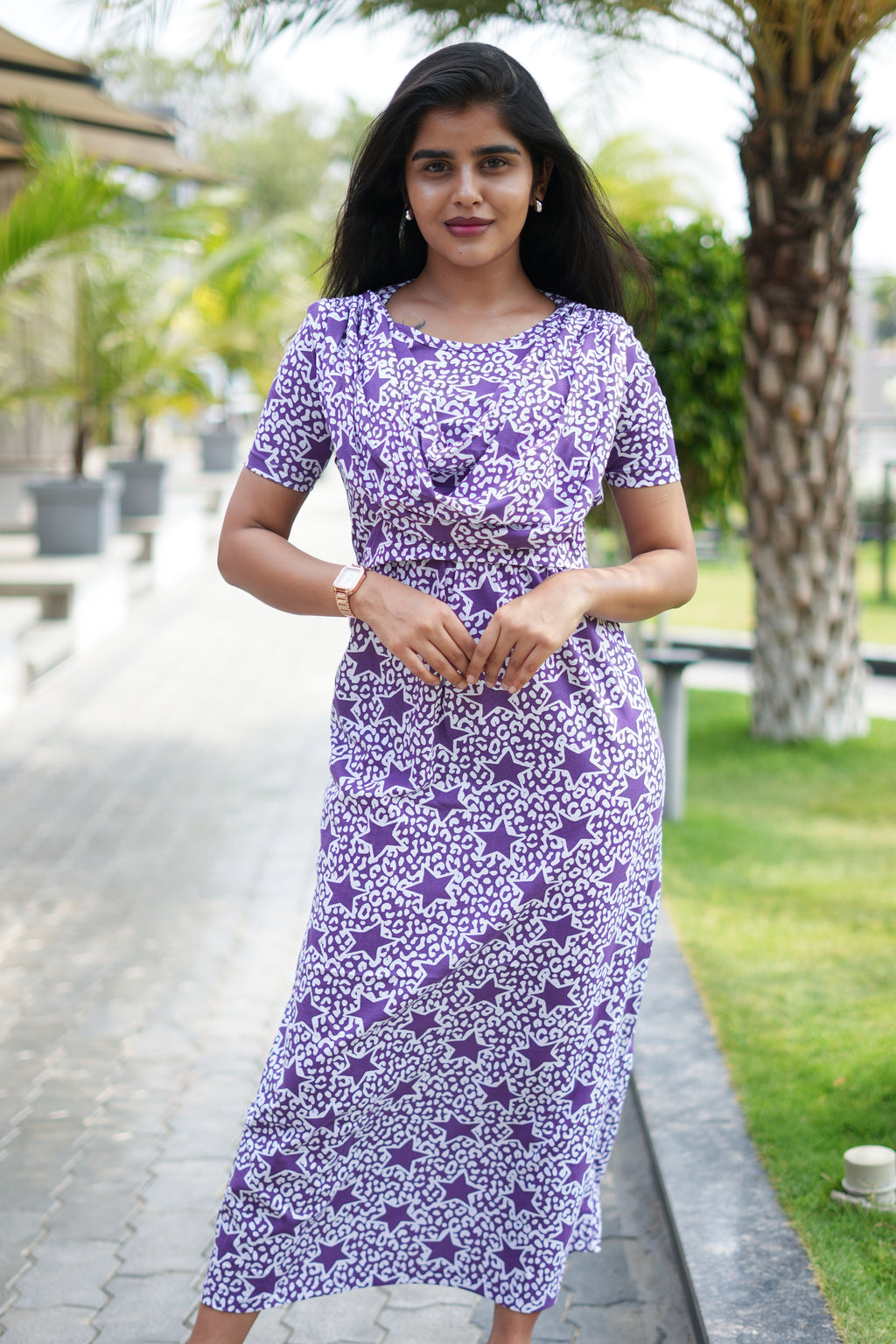 Zipless Maternity Wear Feeding with Shawl Purple white star