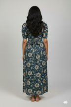 Zipless Feeding Maternity Gown D green big Floral - Puff sleeve 52 inches