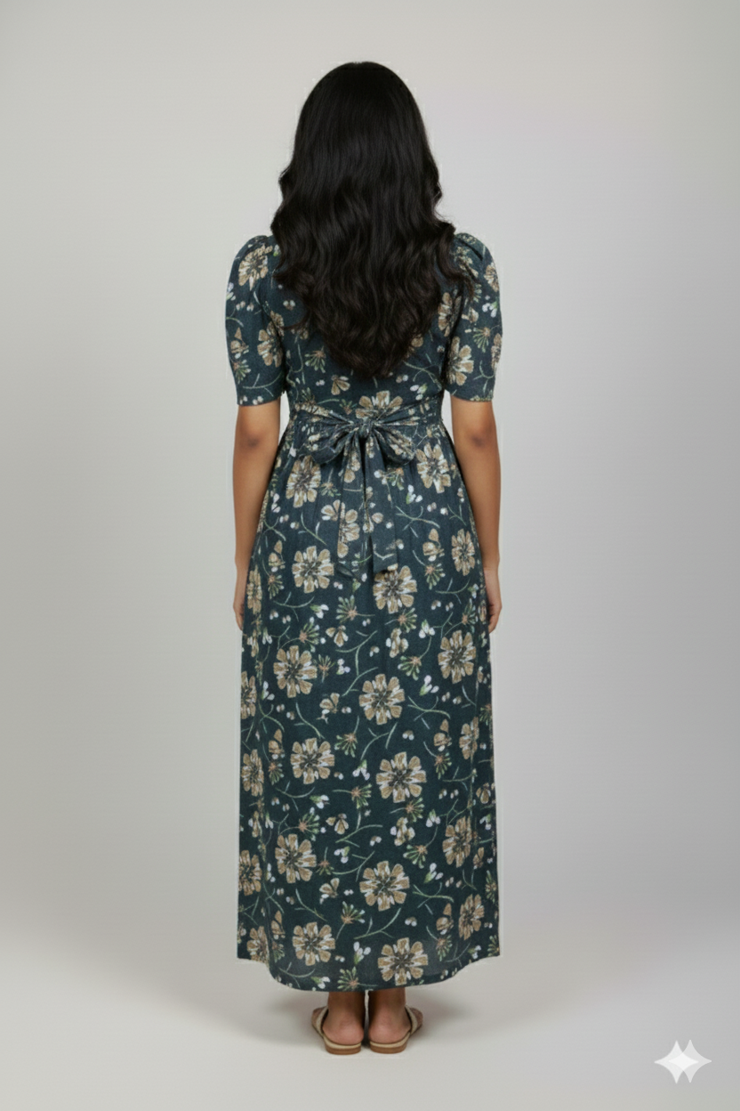 Zipless Feeding Maternity Gown Dark green Floral - Puff sleeve 52 inches