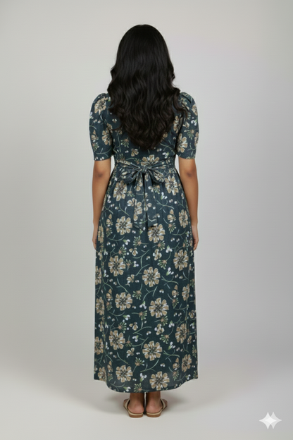 Zipless Feeding Maternity Gown Dark green Floral - Puff sleeve 52 inches