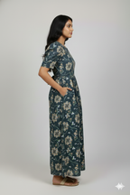 Zipless Feeding Maternity Gown D green big Floral - Puff sleeve 52 inches