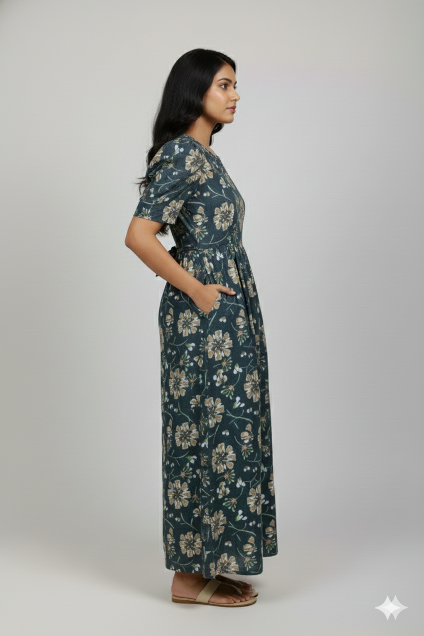 Zipless Feeding Maternity Gown Dark green Floral - Puff sleeve 52 inches