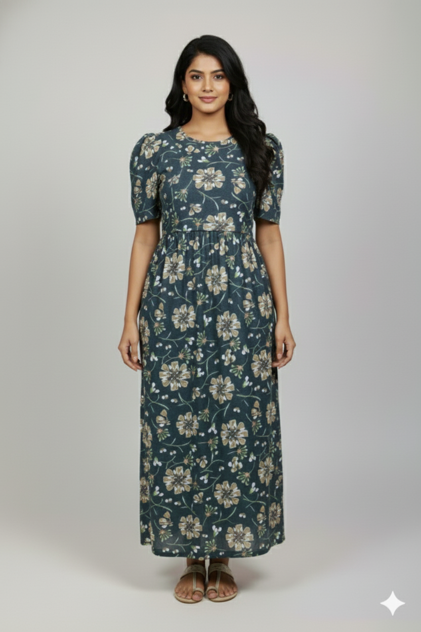 Zipless Feeding Maternity Gown Dark green Floral - Puff sleeve 52 inches