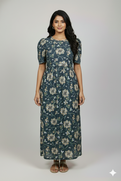 Zipless Feeding Maternity Gown Dark green Floral - Puff sleeve 52 inches