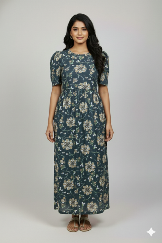 Zipless Feeding Maternity Gown Dark green Floral - Puff sleeve 52 inches