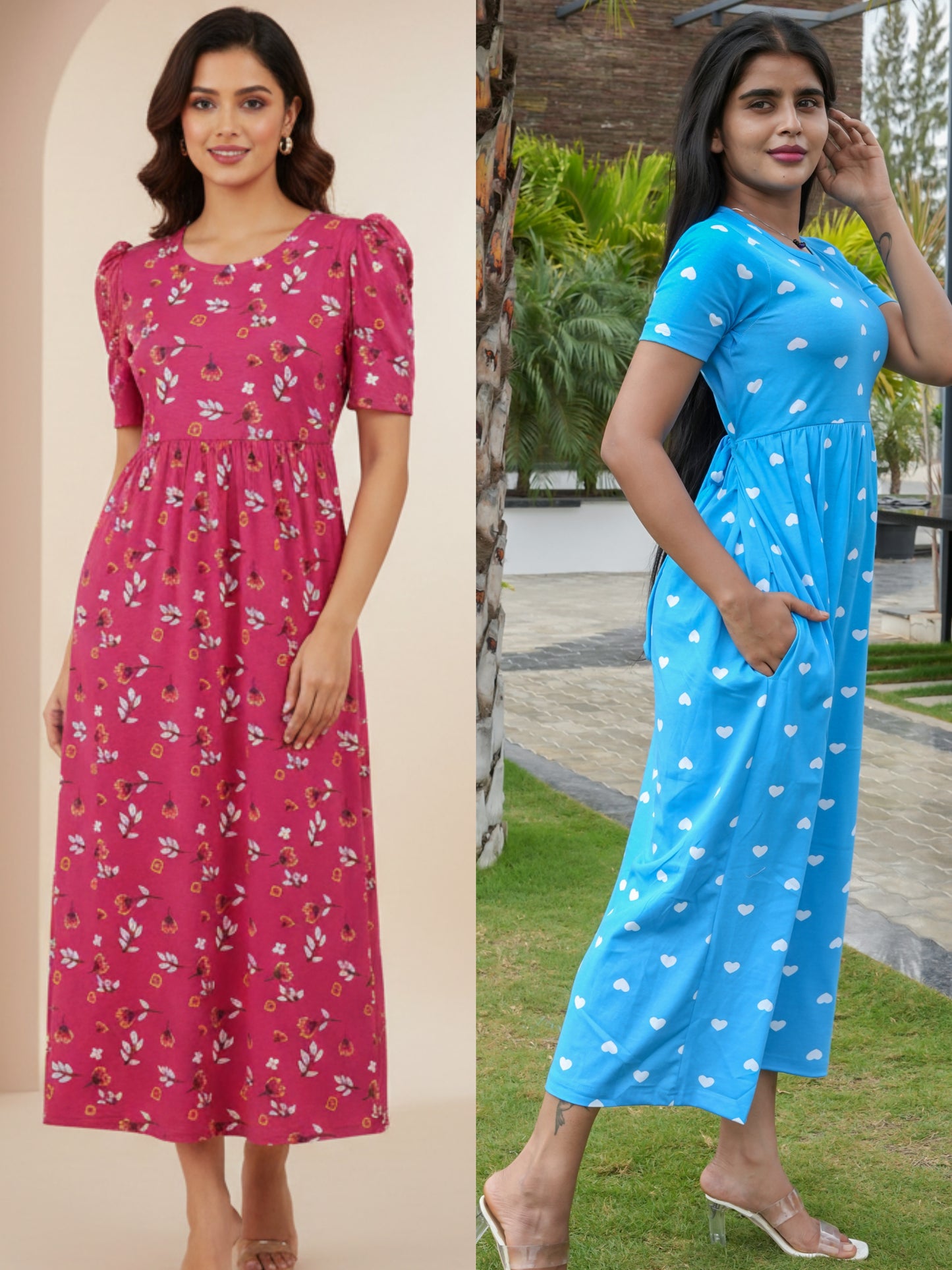 Women’s Printed Fusia Pink & Torquise Heart Maxi Dress Combo