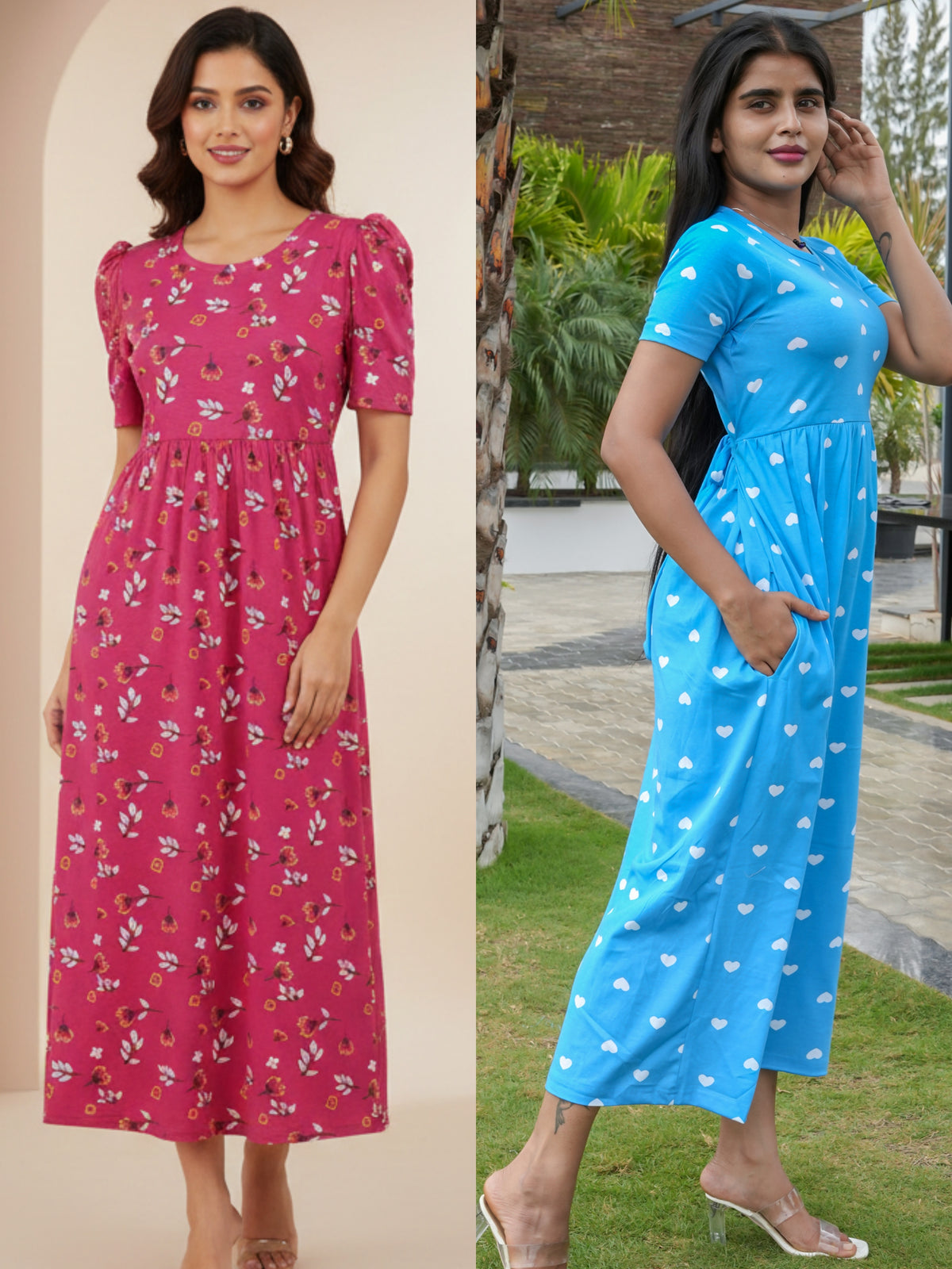 Women’s Printed Fusia Pink & Torquise Heart Maxi Dress Combo