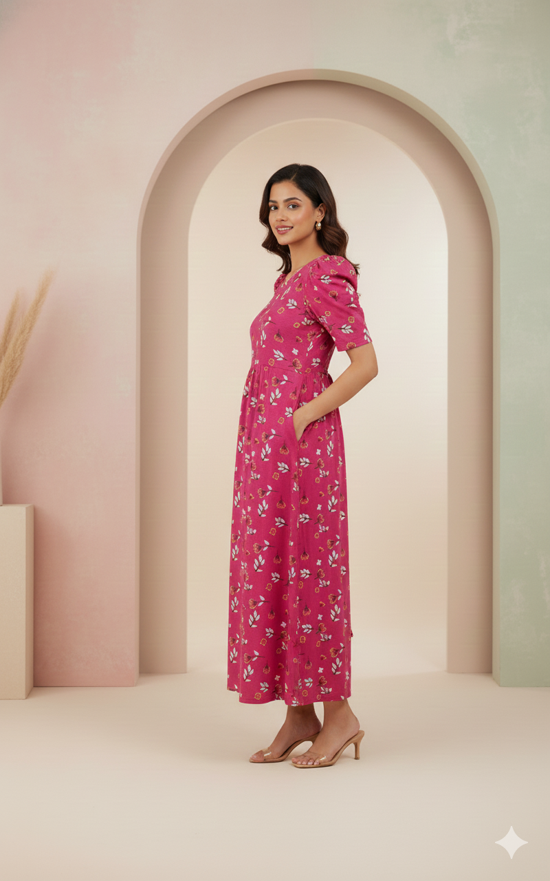Women’s Printed Fusia Pink & Torquise Heart Maxi Dress Combo