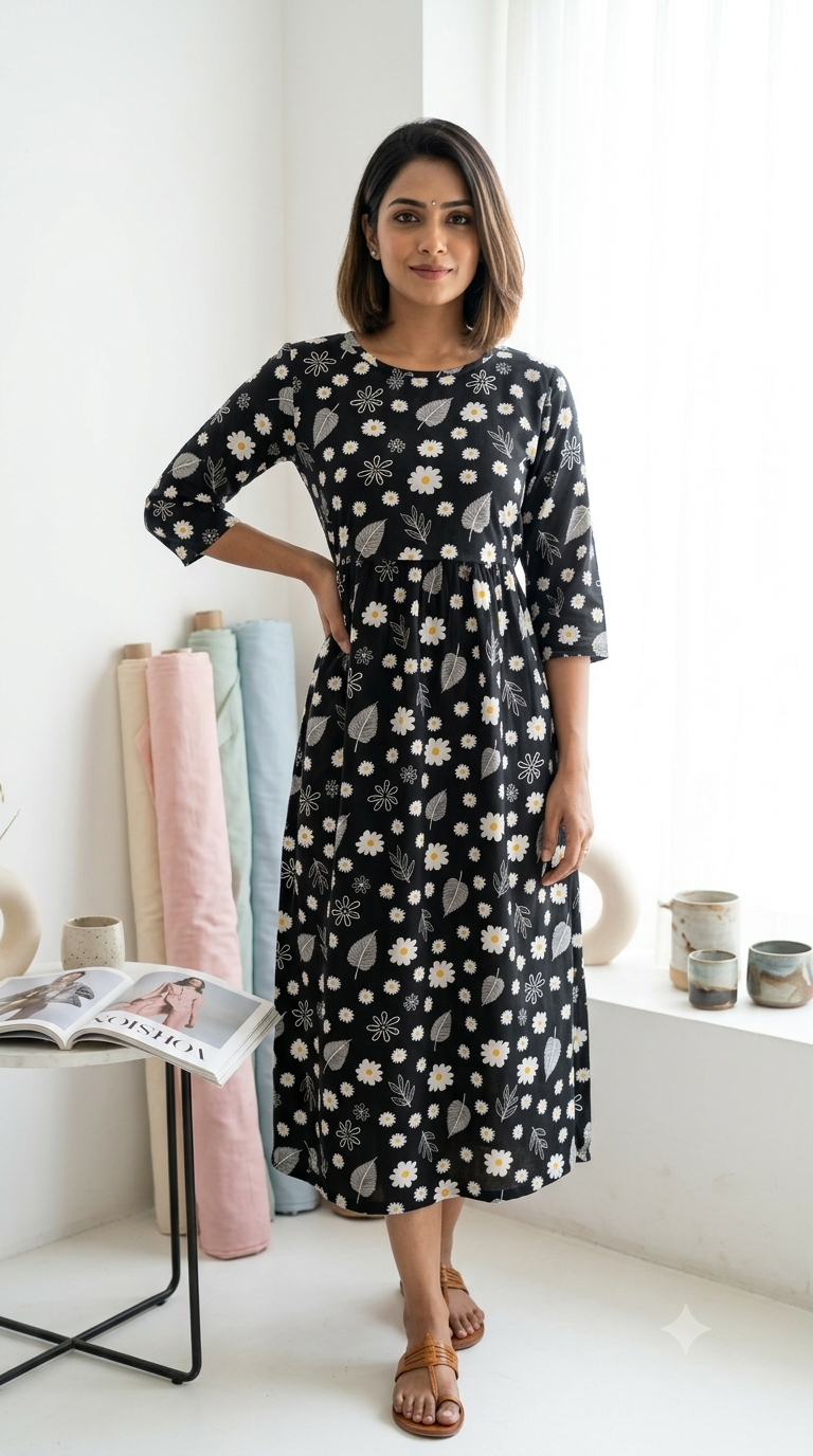 Black Floral  Zipless Feeding Mid Sleeves capri Length