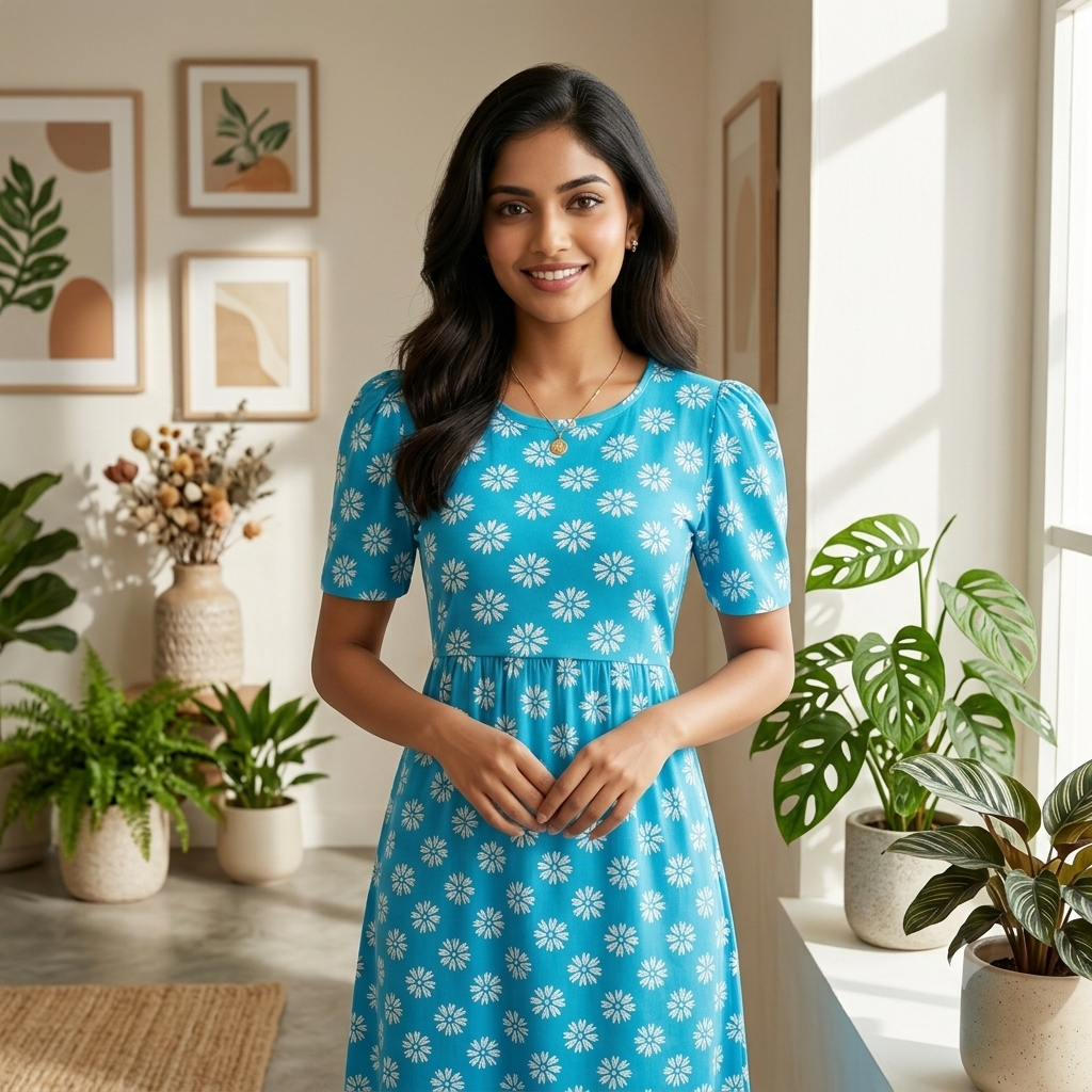Capri Feeding Wear with Puff Sleeve  Blue Daisy