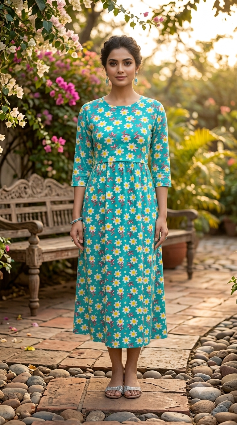 Green Daisy Zipless Feeding Mid Sleeves Capri Length