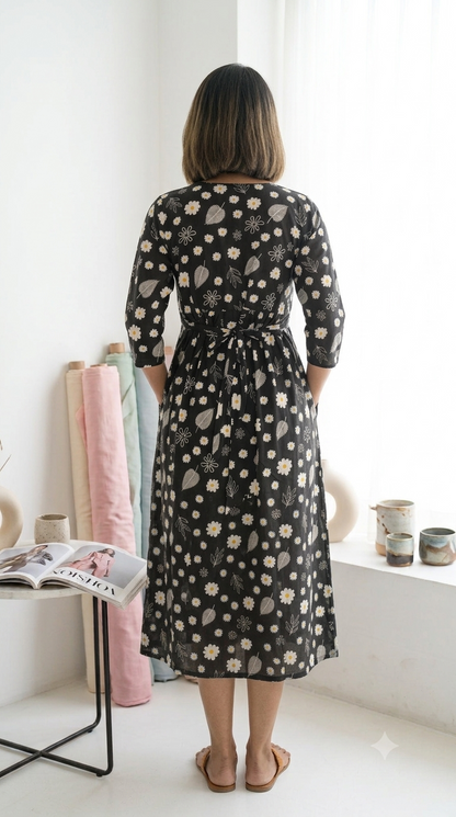 Black Floral  Zipless Feeding Mid Sleeves capri Length
