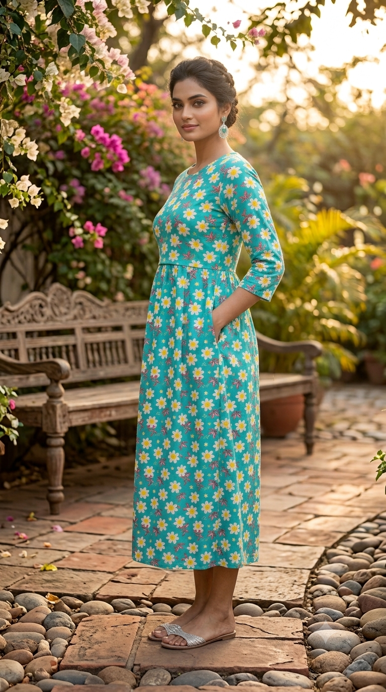 Green Daisy Zipless Feeding Mid Sleeves Capri Length