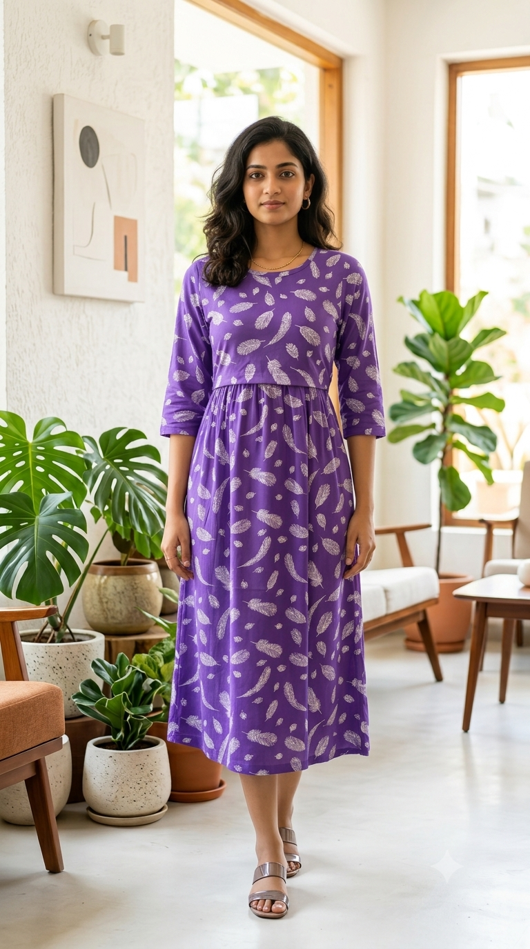 Purple Feather Zipless Feeding Mid Sleeves capri Length